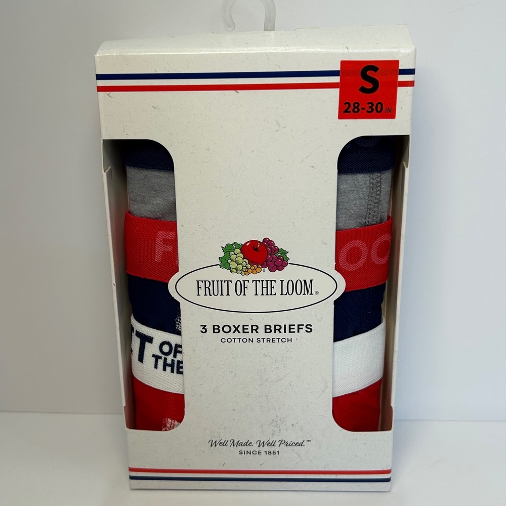 Fruit of the Loom Mens 3 Pack Cotton Stretch Boxer Briefs Small 28-30 Red Blue